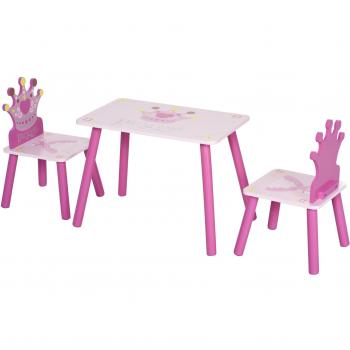 HOMCOM Juego de Mesa y 2 Sillas Infantiles de Madera con Temática Princess, Dimensiones Mesa 55x34x42 cm, Sillas 28x26x50 cm, para Niños de 3 A