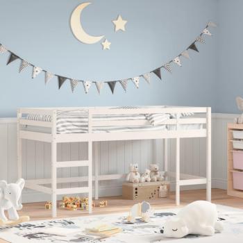 Cama alta infantil con escalera de madera maciza de pino blanco 80x200 cm
