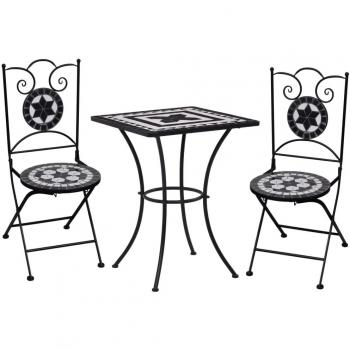 Mesa y sillas de bistró 3 piezas con mosaico de cerámica en negro y blanco