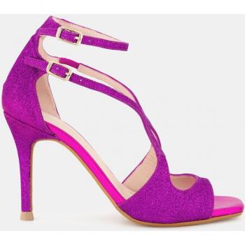 Sandalias de tacón Sasue-TE en tejido y piel metalizada fucsia con puntera cuadrada glitter
