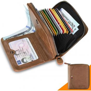 Cartera de Hombre RFID Bloqueo BTNEEU Biflod Billetera de hombre con Cremallera 19 Ranura para Tarjeta,Cartera de Cuero con Bolsillo de Moneda para Hombre,Pequeño Monedero de Hombre como Regalo-Marrón
