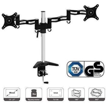HFTEK® FY08D Dual Doble Brazo Soporte para 2 Monitor Desk Mount Bracket Soporte de Escritorio para Pantalla 13 15 17 19 20 21 22 23 24 27 Pulgada con VESA 75/100