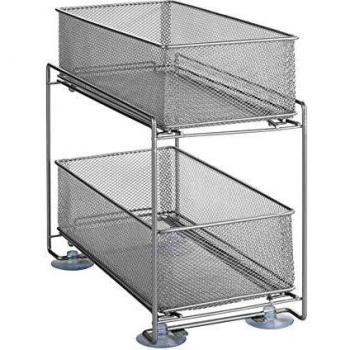 WENKO Estantería Gioma, organizador de calidad con 2 estantes y cesta extraíble para cocina o encimeras, estantería de cocina de metal con recubrimiento de polvo, 35 x 33,5 x 18,5 cm, plata mate