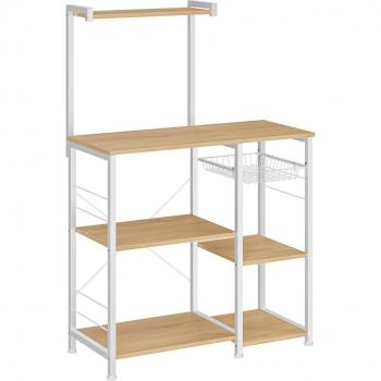 Estantería de Cocina Multifuncional con Cesta de Alambre, 6 Ganchos y Estantes, Beige Roble y Blanco Clásico/Marrón Rústico y Negro/Greige y Negro
