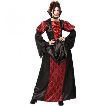 Disfraz de Vampiresa Gótica para mujer, incluye vestido negro con detalles en encaje, capa roja, corsé ajustado y accesorios como collares y pulseras