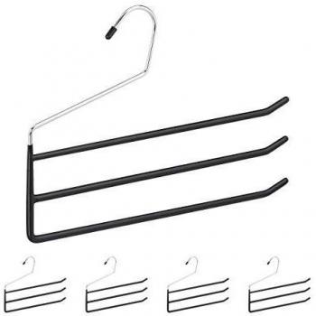 Set de 5 Perchas Múltiples Antideslizantes para Pantalones y Faldas, Metal, 3 Barras, Color Negro - Relaxdays