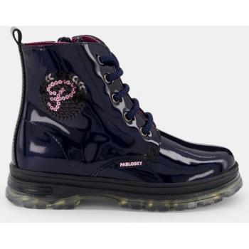 Botas de niña Pablosky Modelo 412929p en azul marino con acabado charol y estilo militar