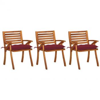Sillas de comedor de jardín con almohadas 3 piezas de Acacia sólida, cojines incluidos, madera maciza acacia, diseño ergonómico, color rojo
