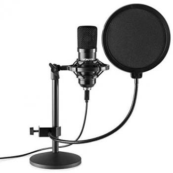 VONYX CMTS300 - Micrófono de condensador con soporte de mesa, filtro anti-pop, ideal para grabación de voz, color negro