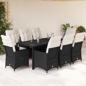 Set de comedor de jardín 9 pzas con cojines de ratán sintético negro