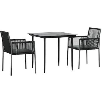 3-Piece Black Poly Rattan and Steel Garden Dining Set with Cushions