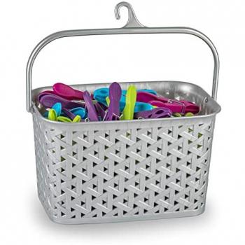 Cesta para Pinzas de Ropa con Colgador de Plástico y Diseño Mimbre (Plata)