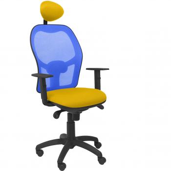 Silla de Oficina Jorquera con Cabecero Fijo, Malla Azul y Asiento Bali Amarillo - Piqueras y Crespo