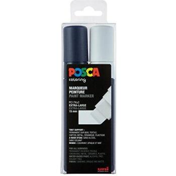 Set de Marcadores Uni Posca PC-17K - Punta Extra Ancha, 2 Unidades, Color Blanco y Negro