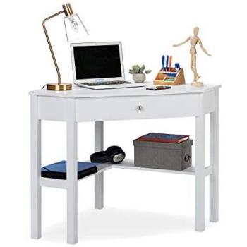 Escritorio Esquinero Compacto con Estante y Cajón, Estilo Rústico, 76 x 107 x 72 cm, Blanco - Relaxdays