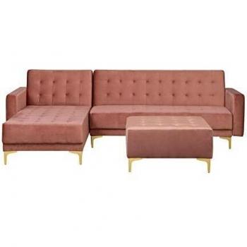Sofá esquinero de terciopelo rosa dorado derecho con otomana chaise longue para 4 plazas Aberdeen y Sofá cama en poliéster aterciopelado rosa para 4 personas