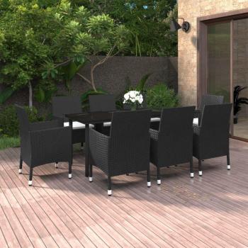 9-Piece Garden Dining Set with Cushions, Poly Rattan and Glass