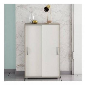 Armario Zapatero Multiusos de Puertas Correderas Blanco y Roble 106x68x33 cm