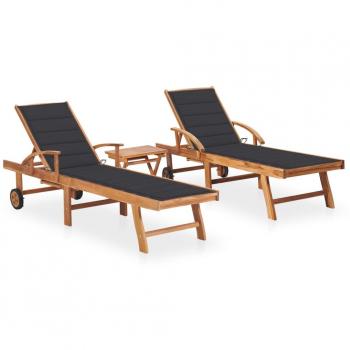 Teak Wood Sun Loungers Set with Table and Cushions - 2 Pieces