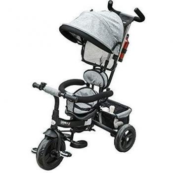 HOMCOM Triciclo para Bebé 4 en 1 Bicicleta para +18 Meses con Capota Manija de Empuje Ajustable Barra Extraíble Reposapiés Plegable Canasta de Almacenaje 92x51x110 cm Gris