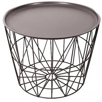 Mesa Auxiliar Redonda de Metal Taupe con Rejilla - 40 cm de Alto x 52.5 cm de Diámetro