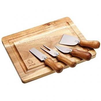 Tablero de Queso de Acacia con Juego de Cuchillos, Set de 5 Piezas en Caja Regalo, 25.5x20cm