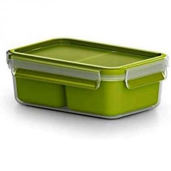 Emsa Clip&Go Snack - Recipiente hermético de plástico con 2 compartimentos y bandeja independiente para comer, totalmente hermético y libre de BPA, rectangular, 1L