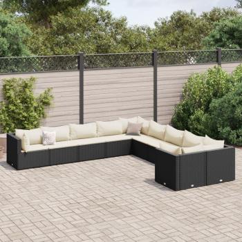 10-Piece Black Poly Rattan Garden Sofa Set with Cushions
