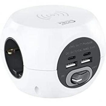 Nanocable 10.37.0002 Base de 3 Enchufes con 4 USB, Carga inalámbrica, Blanco