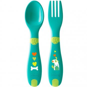 Chicco - Set primeros cubiertos con tenedor y cuchara, 12 m+, 2 unidades, azul