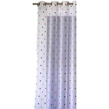 Cortina Voilage con Ojal 140x240 cm, Sablé Bordado en Motivo de Pois Coloridos Rosa y Gris, 100% Poliéster, Colección Smarties