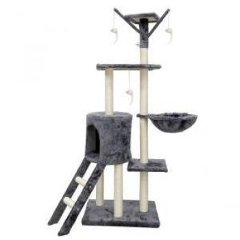 Rascador para gatos Jipsy Gris con 3 plataformas, 1 percha, caseta y escalera