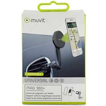 Soporte Magnético Universal Muvit MUCHL0059 para Smartphone en Coche, Rotativo 360°, con Placa de Metal Adhesiva y Ajuste a Salida de Aire Acondicionado