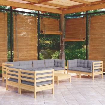 9-Piece Solid Pinewood Garden Lounge Set with Gray Cushions