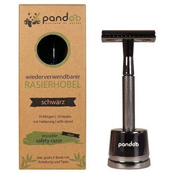 pandoo maquinilla de afeitar incl. soporte metálico, eBook y 10 hojas | Maquinilla de afeitar Zero-Waste | Maquinilla de afeitar de seguridad | Hombres y mujeres | Peine cerrado | Negro