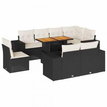 9-Piece Black Poly Rattan Garden Sofa Set with Cushions