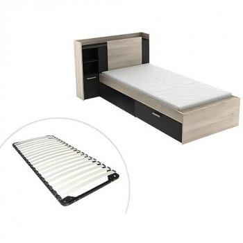 Cama 90 x 200 con compartimentos - Negro y Natural + Somier - Martelo
