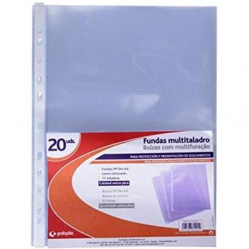 Grafoplás 78149900. Bolsa de 20 Fundas A4 de Popipropileno Liso Extra Plus, Lomo con 11 Taladros, Tamaño A4