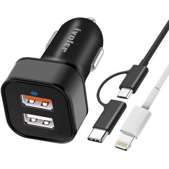 iVoler Quick Charge 3.0 30W 2 Puertos USB Cargador de Coche con Cable 2 en 1 de Micro USB y Tipo C