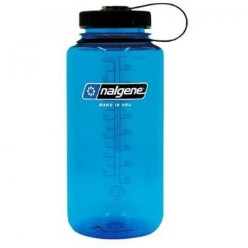 Nalgene Sustain Botella de agua transparente/Azul, 1 litro, boca ancha, sin BPA, fabricada con material derivado del 50% de residuos plásticos