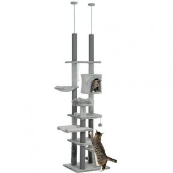 Árbol Rascador para Gatos de Suelo a Techo Ajustable 225-255 cm con Plataformas, Cueva, Cama, Hamaca y Juguetes - Color Gris