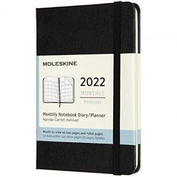 Moleskine - Agenda Mensual 2022, Agenda de 12 Meses, un Mes por Página, Tapa Blanda, Tamaño de Bolsillo de 9 x 14 cm, Color Negro, 128 Páginas