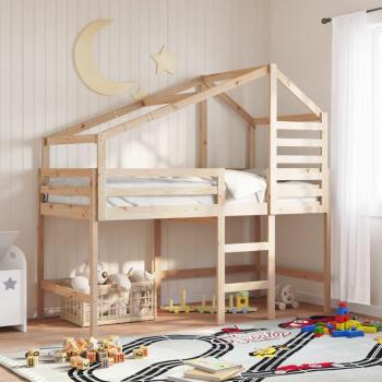 Cama Alta con Escalera y Techo de Madera Maciza de Pino 90x200 cm sin Colchón