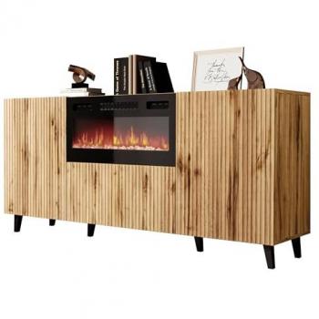 Aparador Charlotte J107 con LED, 3 puertas, Wotan roble, vidrio templado, MDF y aglomerado laminado, 181 x 83 x 42 cm