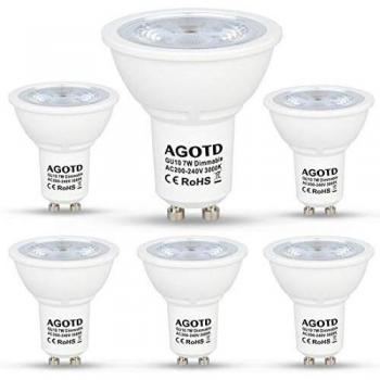 AGOTD Bombillas LED GU10 Regulable 7w Blanco Cálido, Alta Compatibilidad, Sin Parpadeo, Sin Ruido, 3000K, 560Lm, Lampara Halogenos Equivalentes a 50 Watt, 230V, Pack de 6