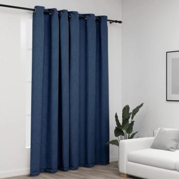 Cortina de oscurecimiento efecto lino con ojales azul 290x245cm
