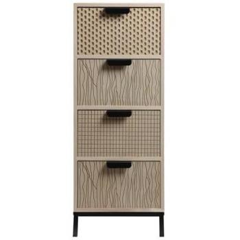 Cómoda Estrecha de Madera y Metal con 4 Cajones Tallados, Estilo Moderno