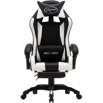Silla gaming con reposapiés cuero sintético blanco y negro