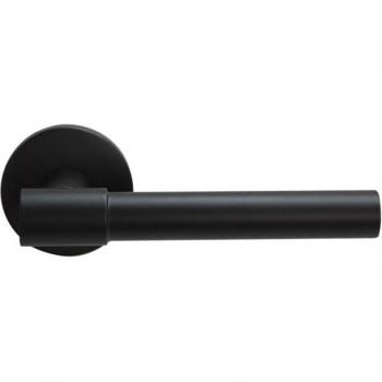 Juego de Manillas para Puerta Modelo 1379 Inés con Roseta Redonda, Acabado Negro Mate, Dimensiones 50 x 135 x 55 mm