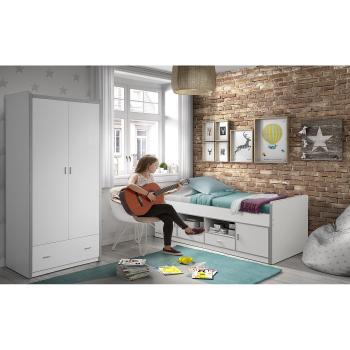 Cama infantil multialmacenamiento Bonny 90x200 cm, madera blanca con armarios y cajones